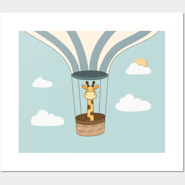 Kawaii Cute Giraffe On Hot Air Balloon Wall Art by wordsberry